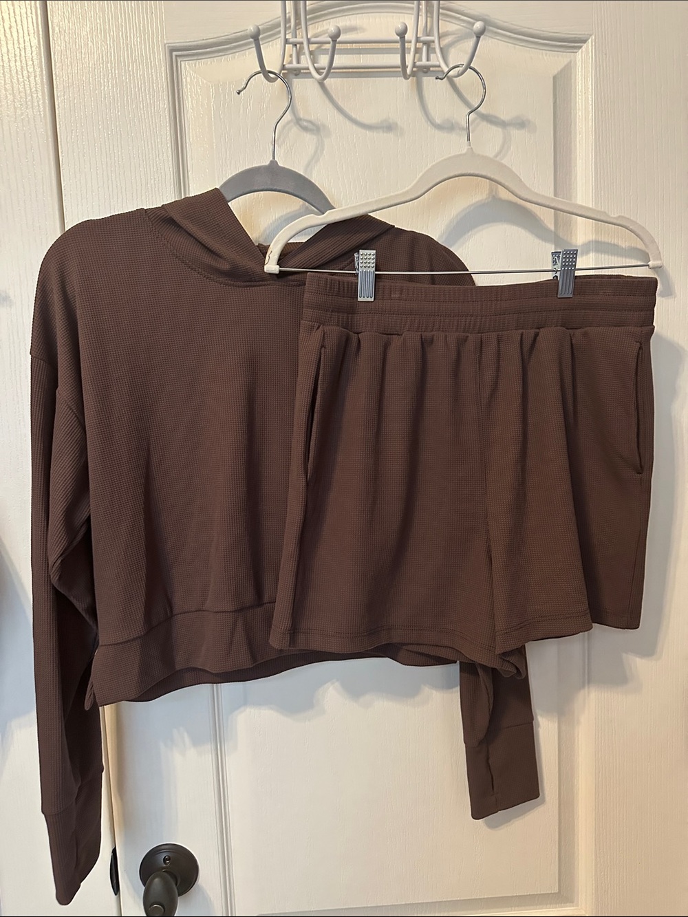 Women's Brown Waffle Fabric Hooded Lounge Top and Shorts Set